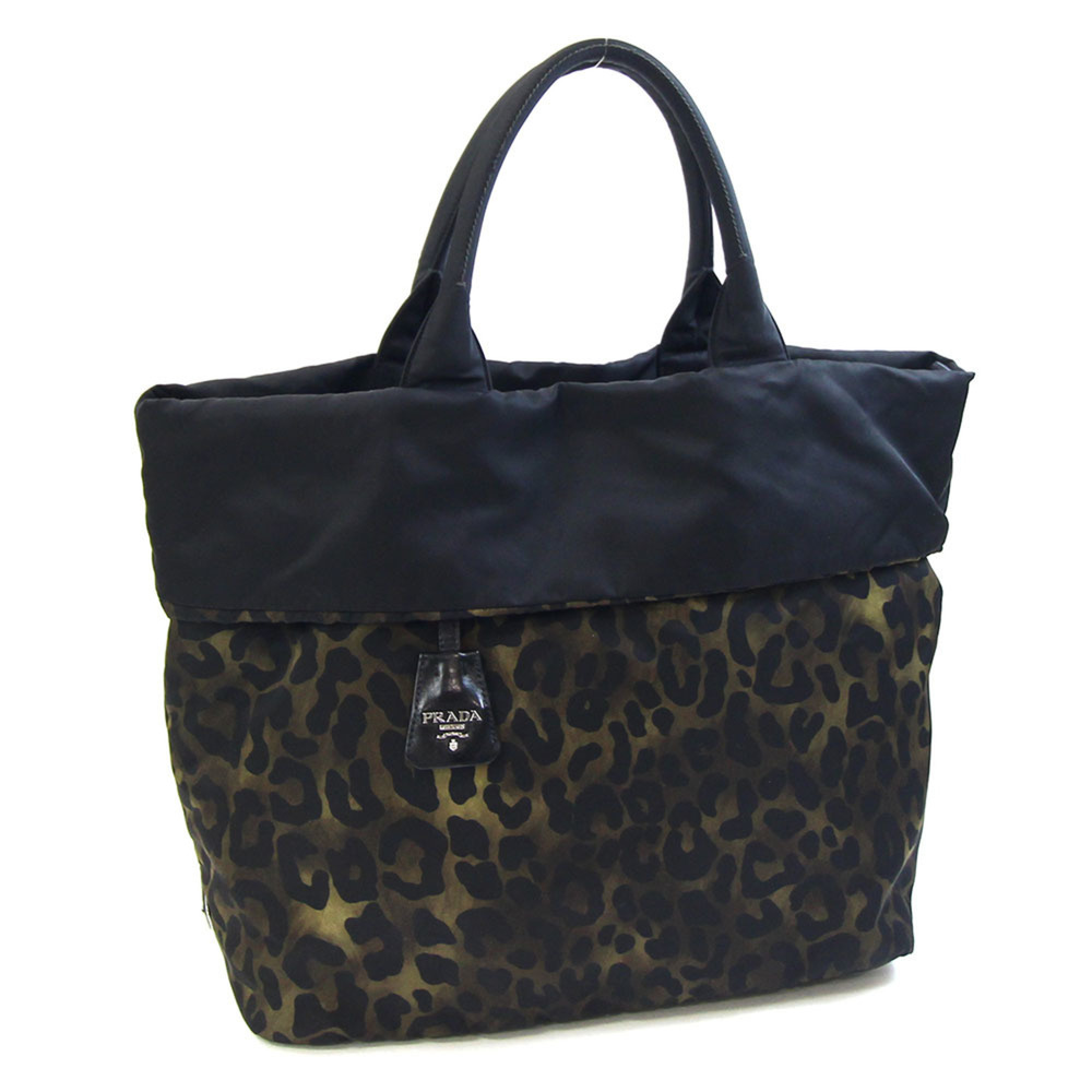 Prada Tote Bag B4521V Khaki Black Nylon Leather Handbag Leopard Print Reversi...